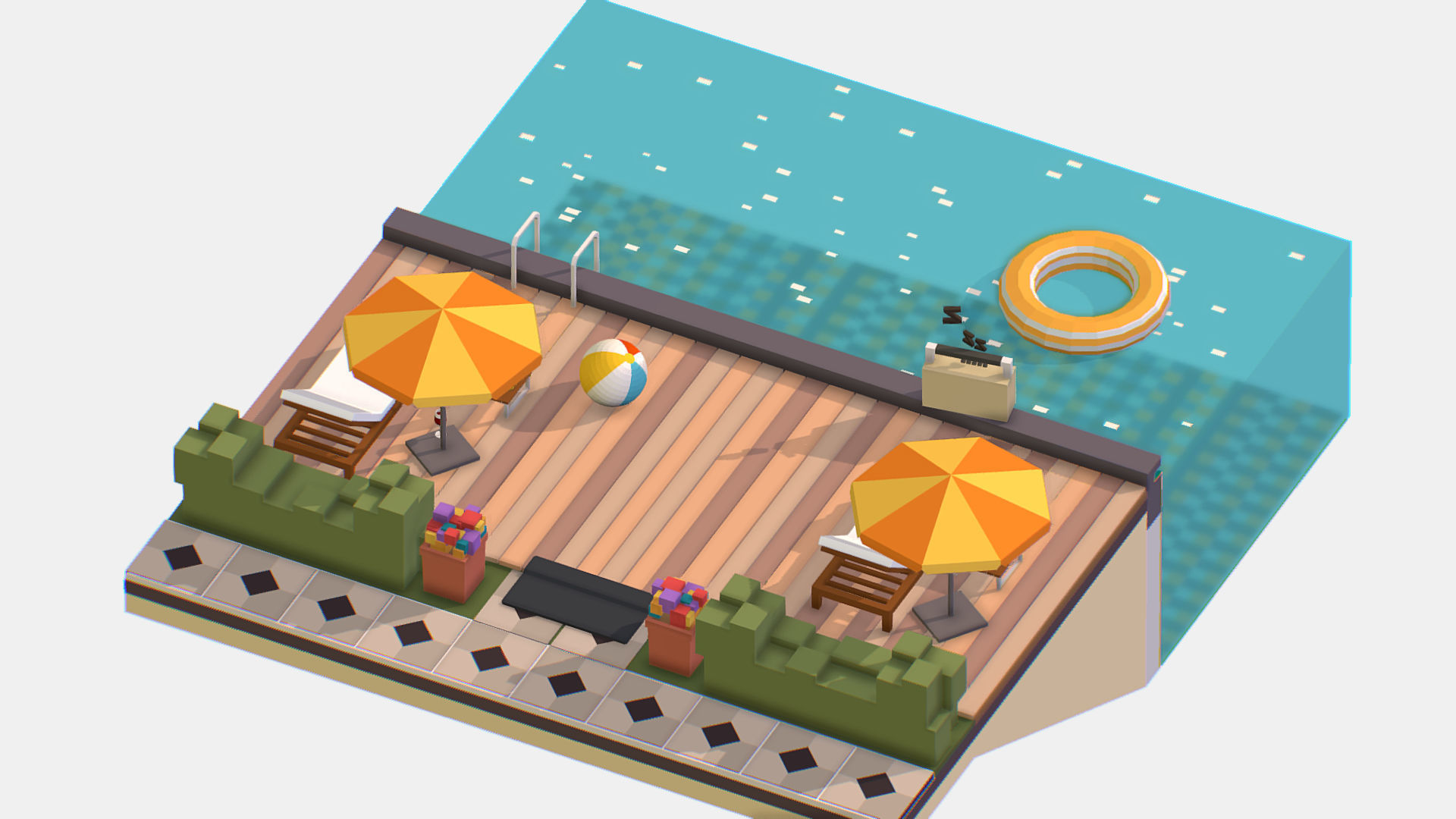 Relax pool on the sun loungers Low-poly 3D model_9