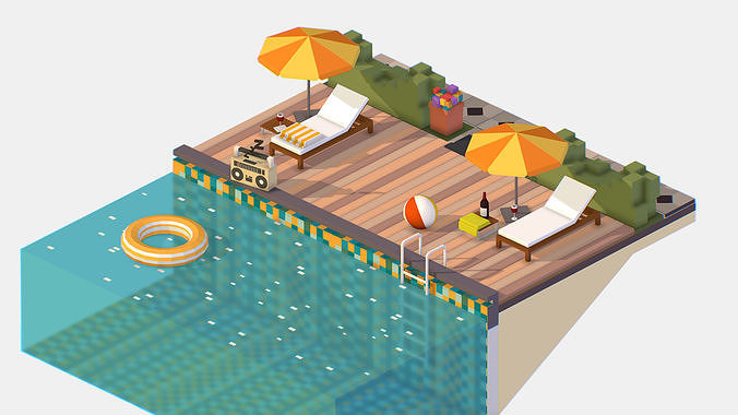 isometric Relax pool on the sun loungers Low-poly 3D model