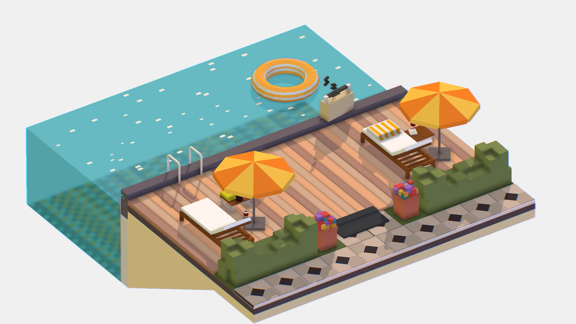 Relax pool on the sun loungers Low-poly 3D model_7