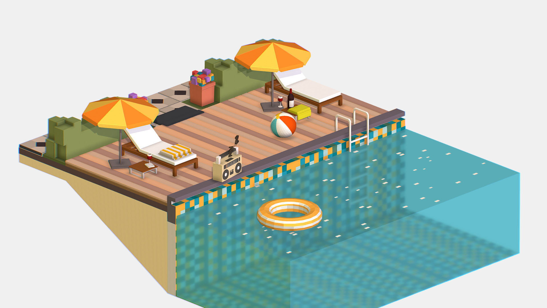 Relax pool on the sun loungers Low-poly 3D model_13