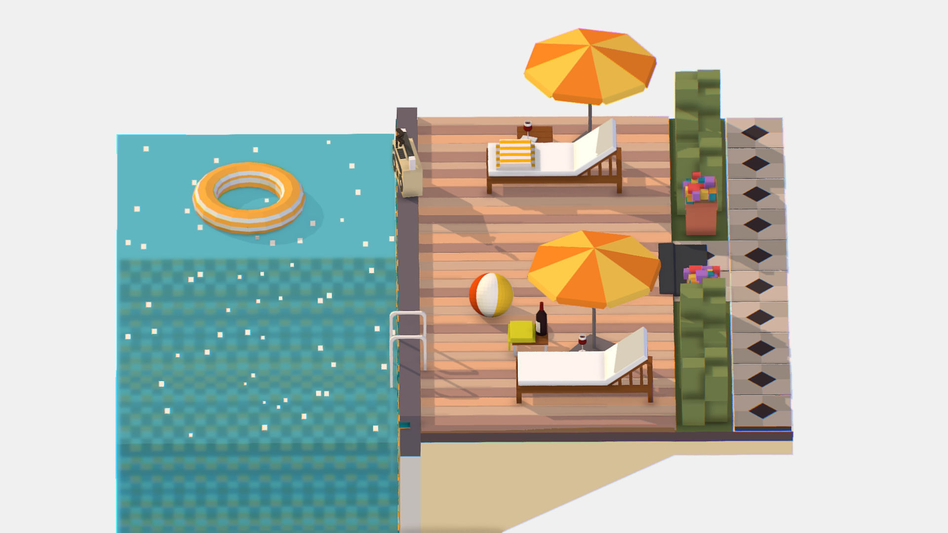 Relax pool on the sun loungers Low-poly 3D model_4