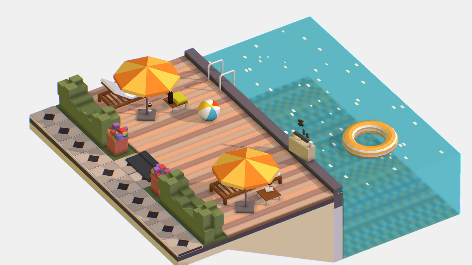 Relax pool on the sun loungers Low-poly 3D model_10