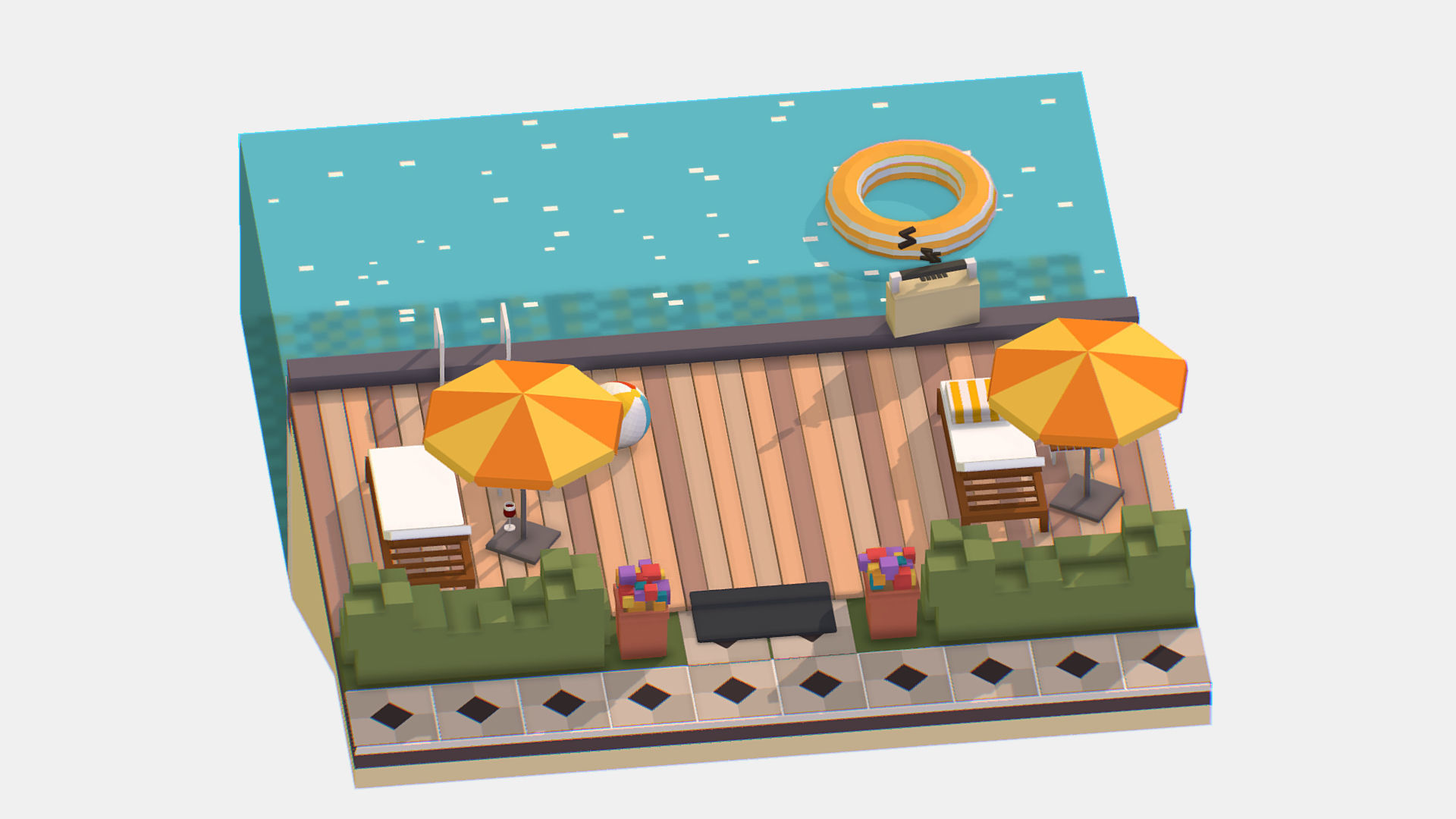 Relax pool on the sun loungers Low-poly 3D model_8