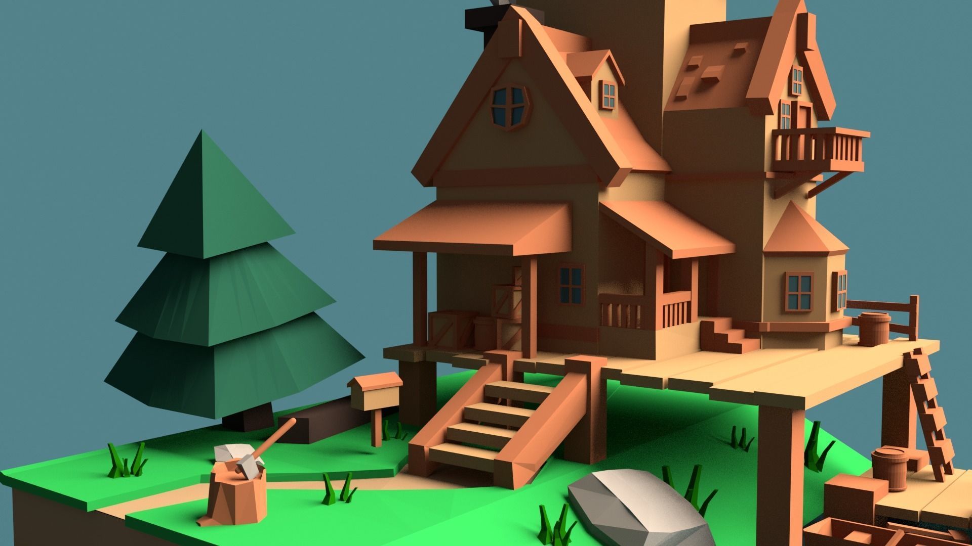 low poly island wooden house Low-poly 3D model_2