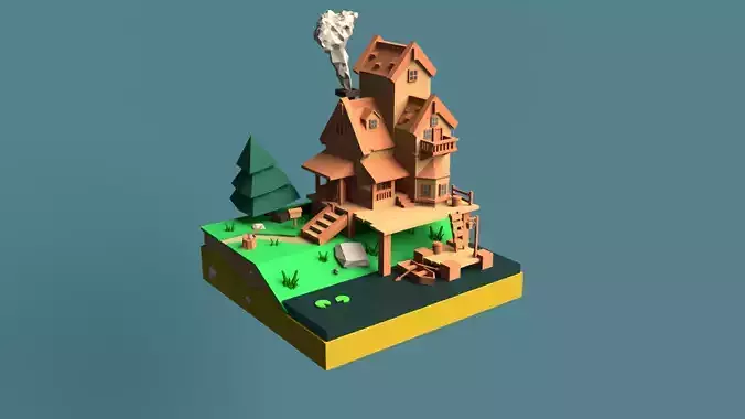low poly island wooden house
