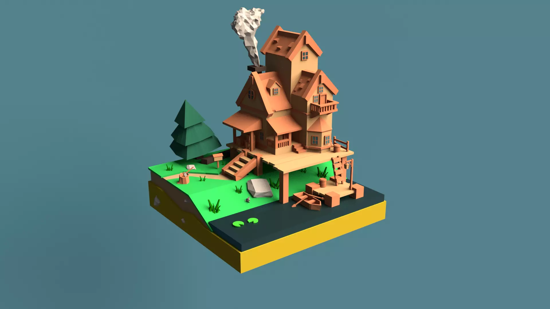 low poly island wooden house Low-poly 3D model_0