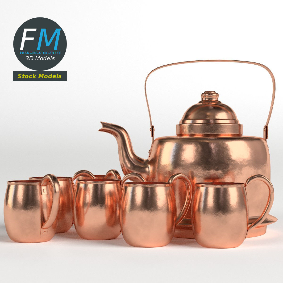 Copper kettle and mugs 3D model_3