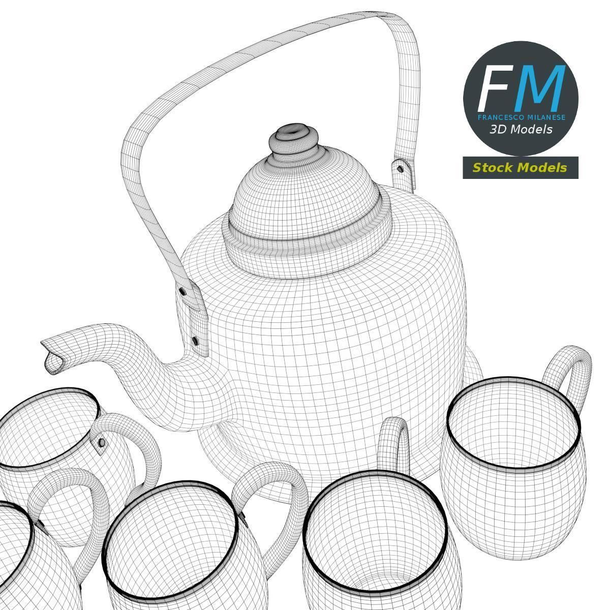 Copper kettle and mugs 3D model_8