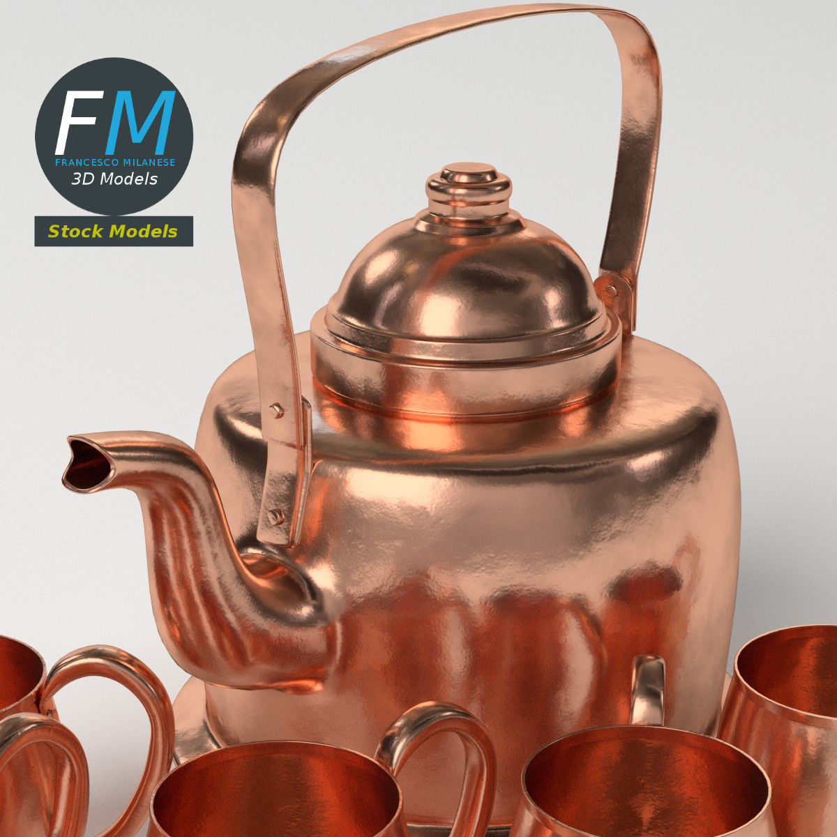 Copper kettle and mugs 3D model_5