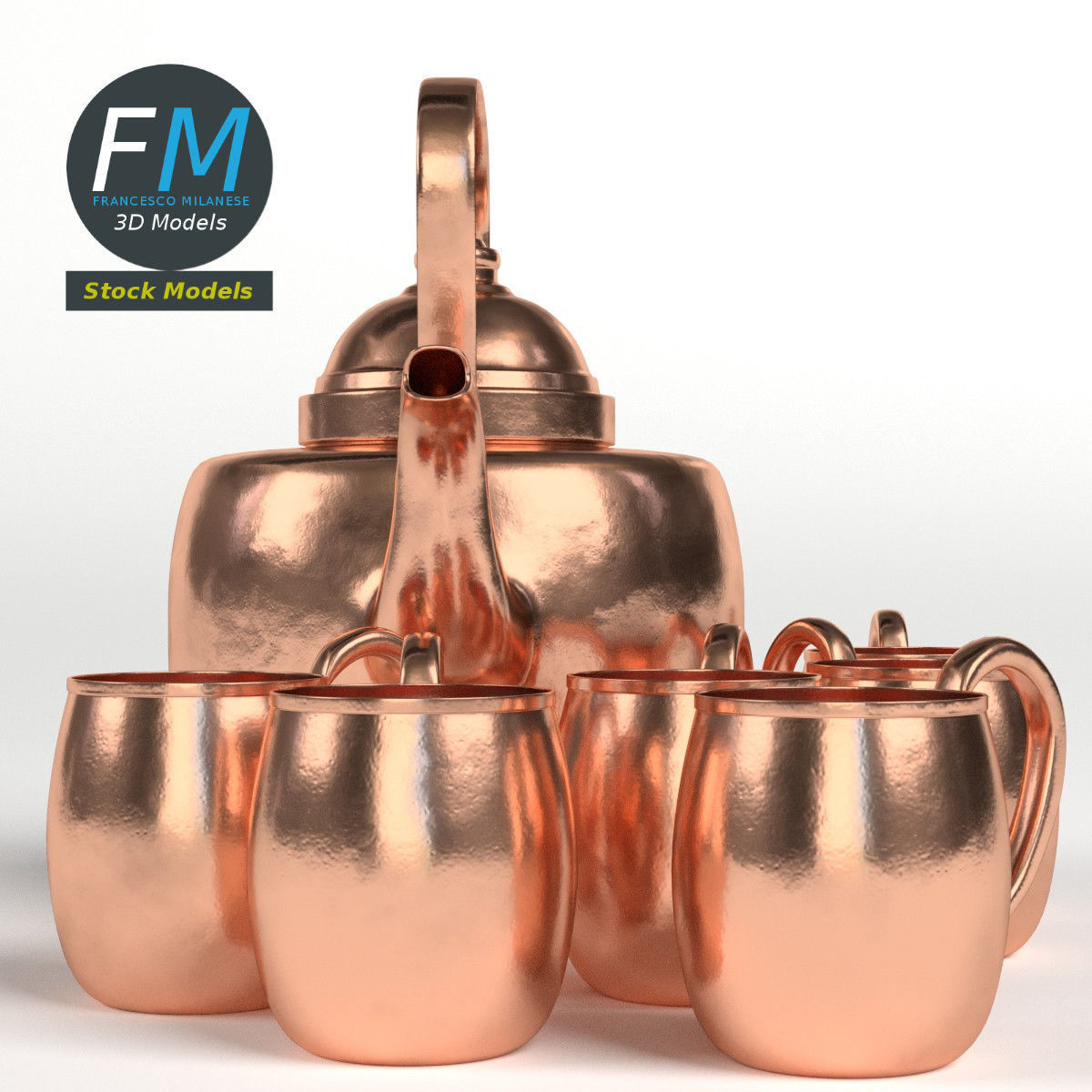 Copper kettle and mugs 3D model_4
