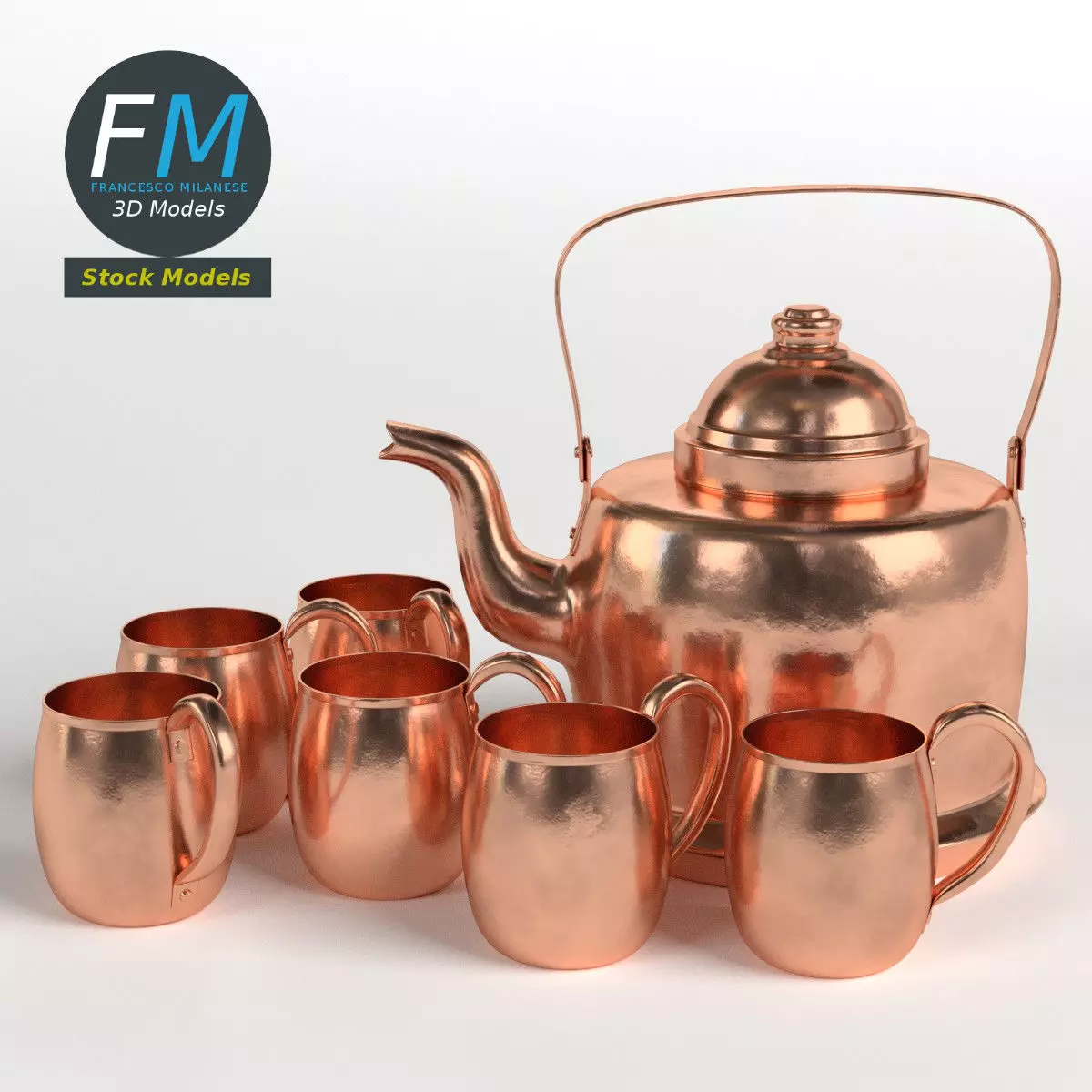 Copper kettle and mugs 3D model_0