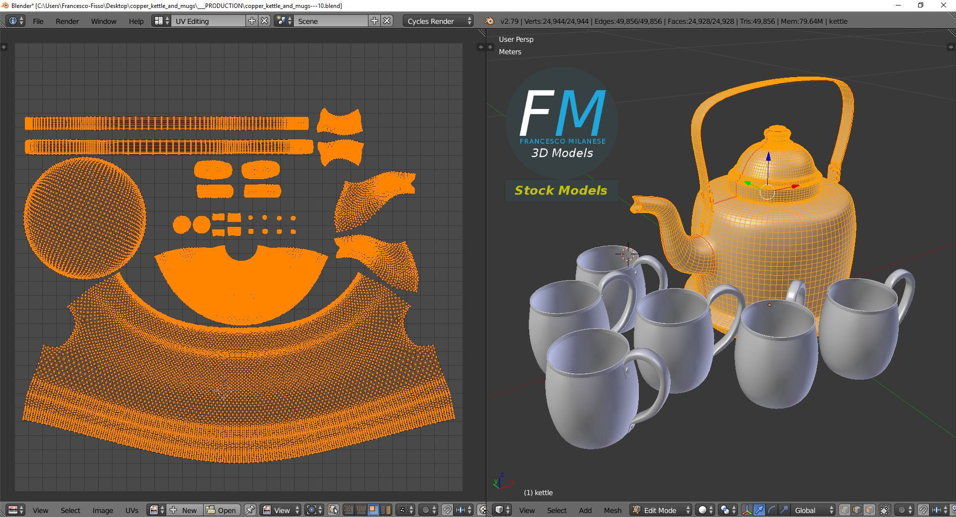 Copper kettle and mugs 3D model_10