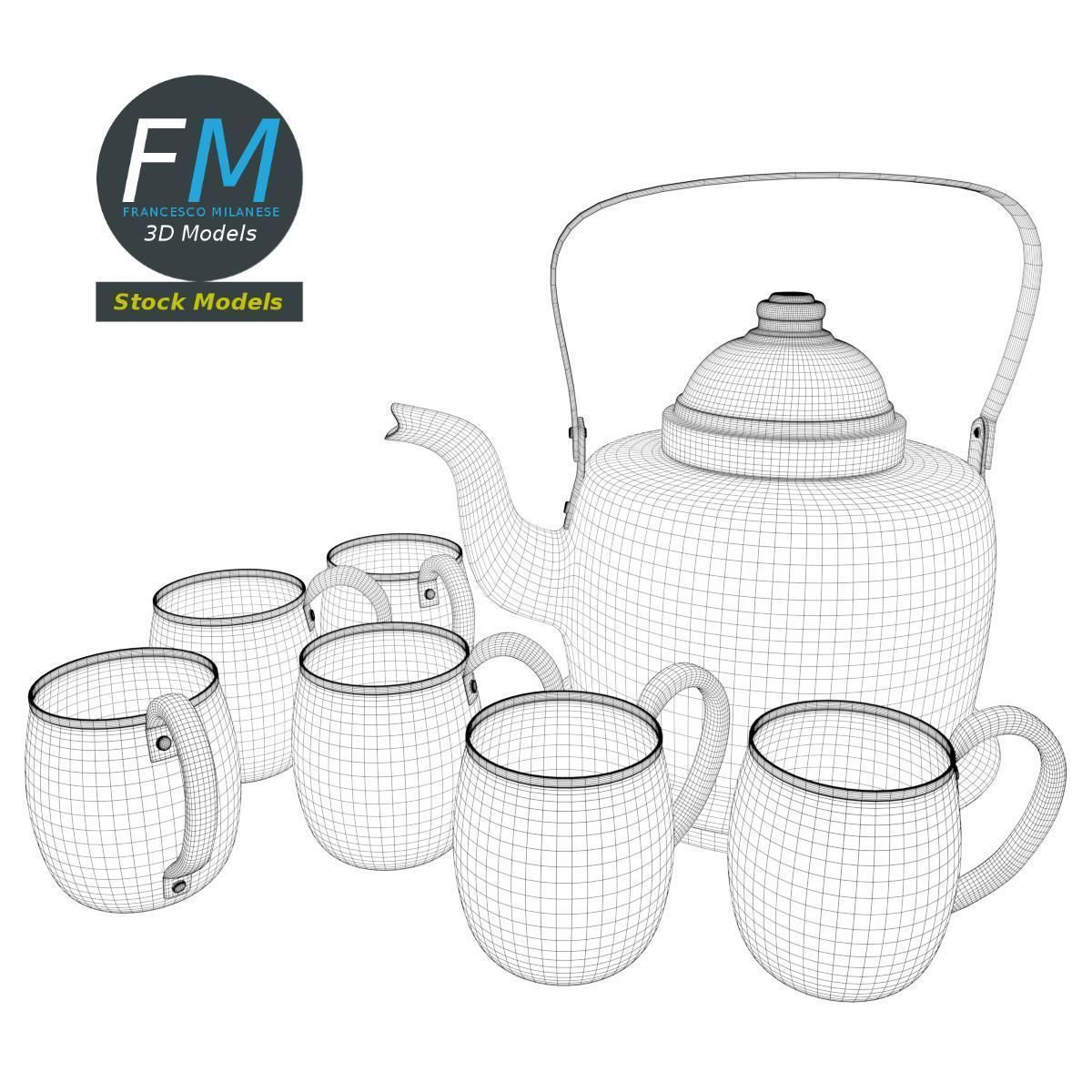 Copper kettle and mugs 3D model_7