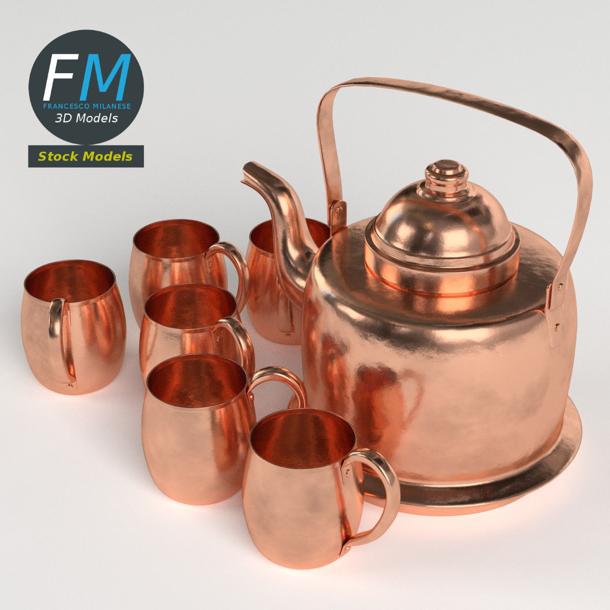 Copper kettle and mugs 3D model_2