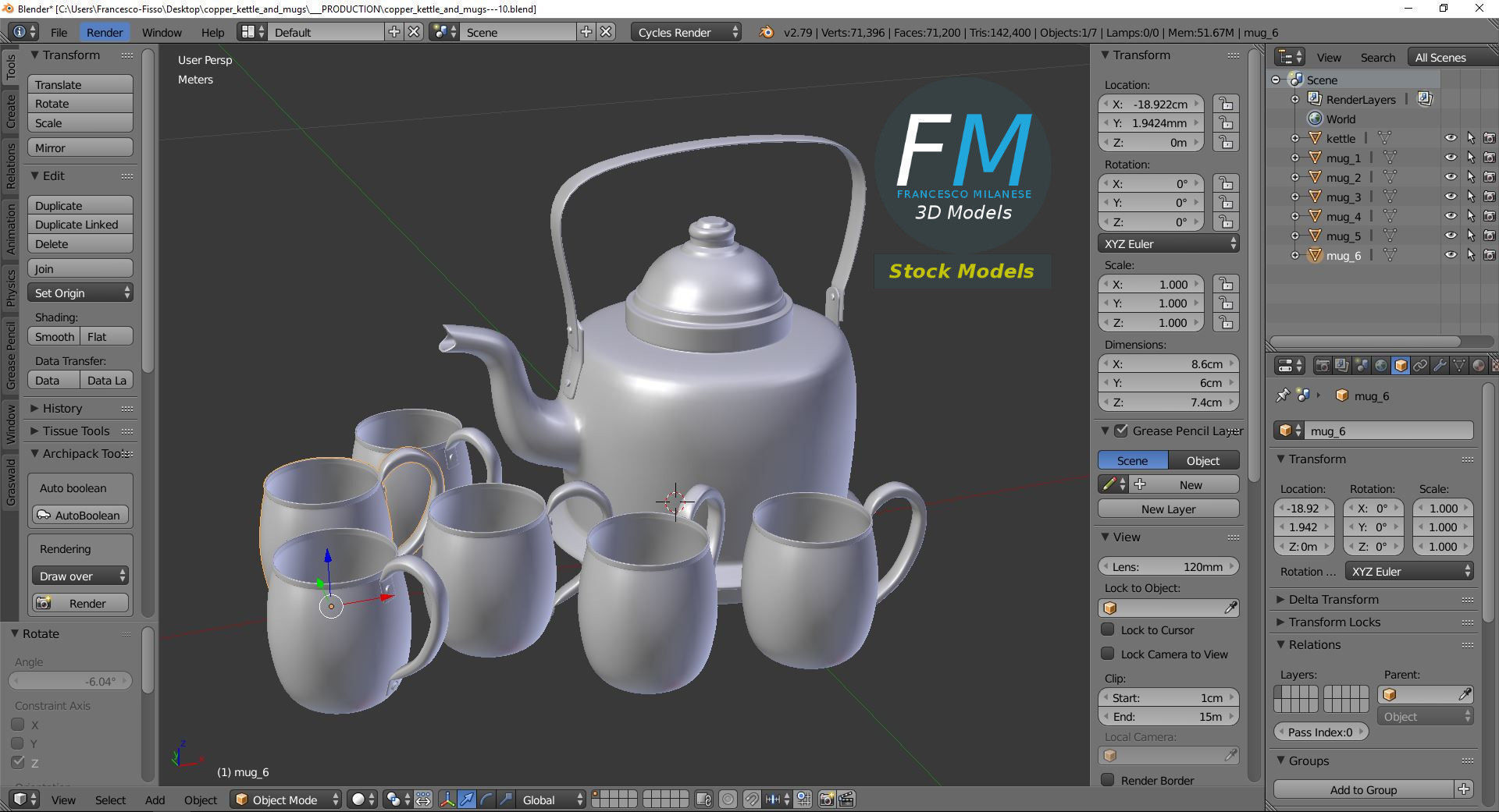 Copper kettle and mugs 3D model_9