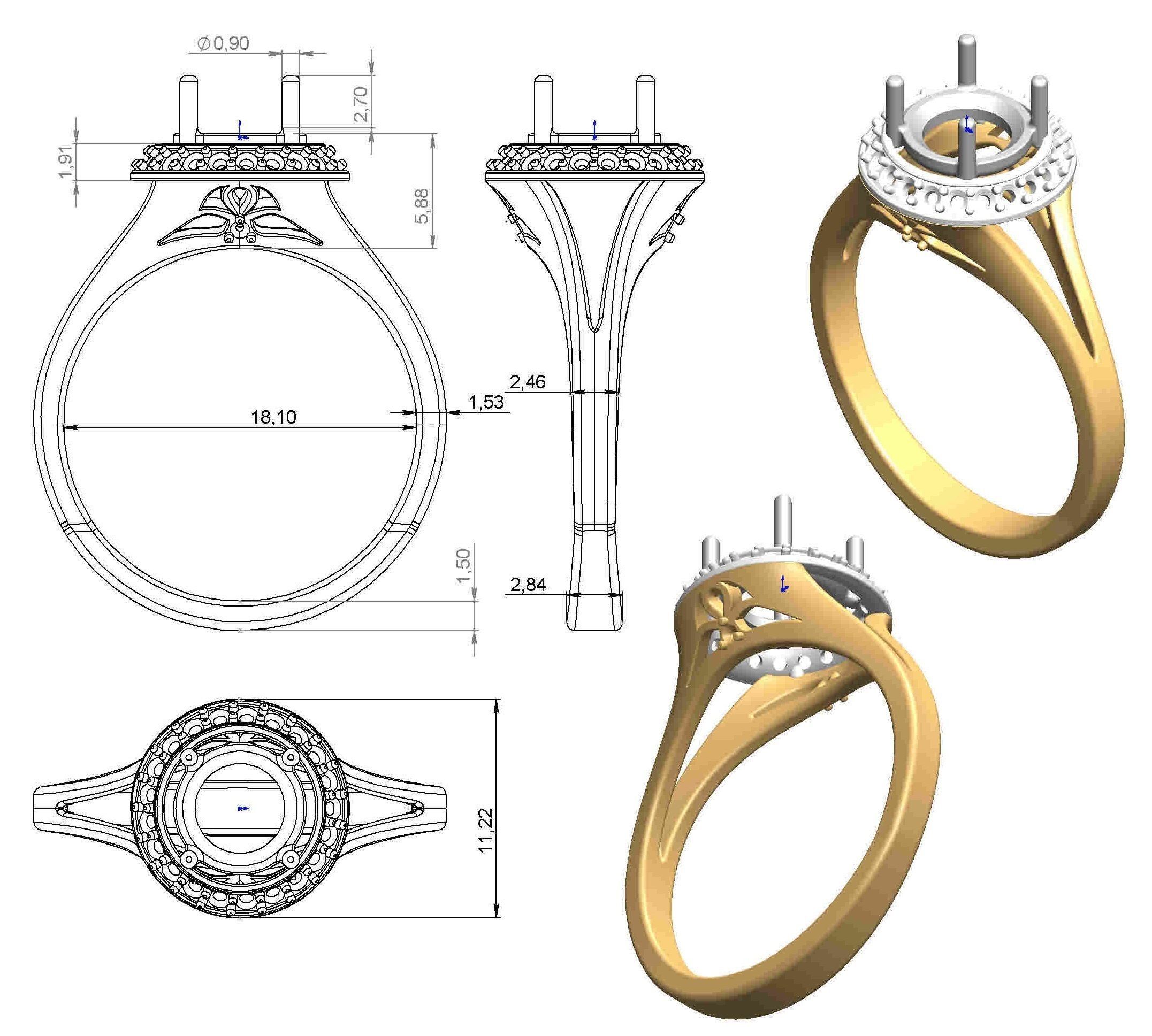 Ring diamond halo engagement gold 3D print model_11
