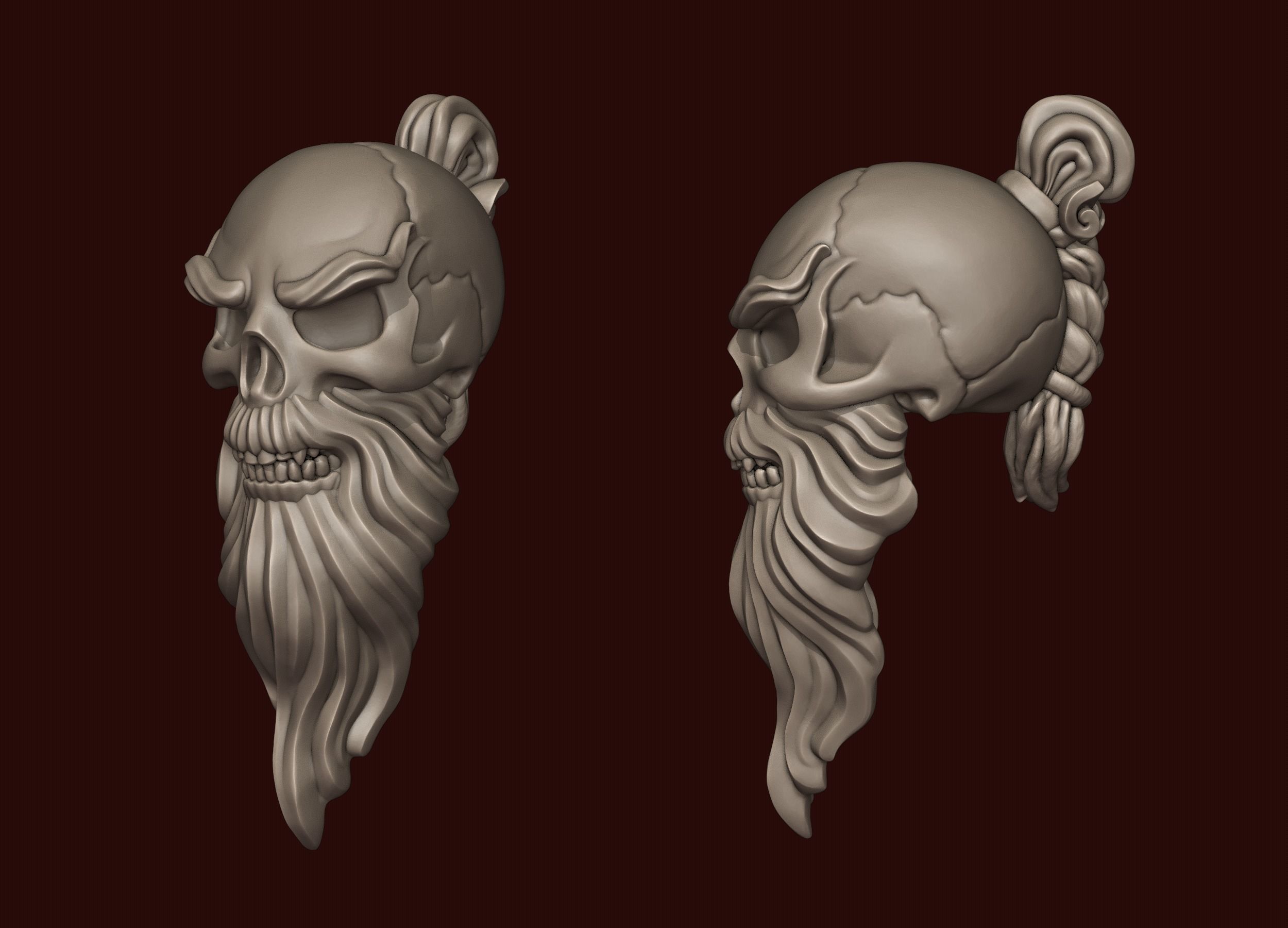 Skull Sensei with a beard and a pigtail