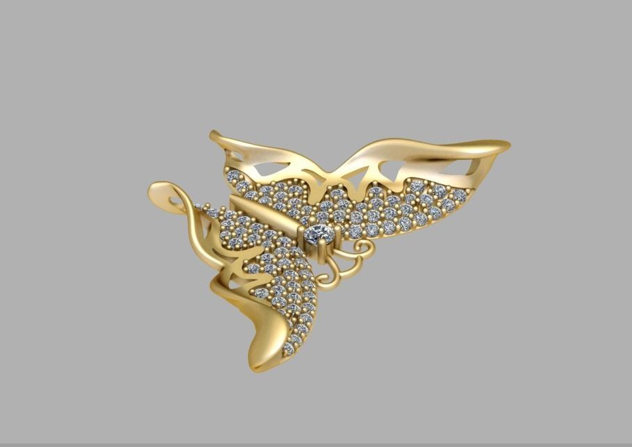 butterfly gold brooch with diamonds 3D print model_2