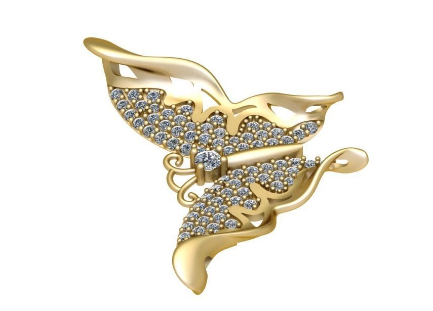 butterfly gold brooch with diamonds 3D print model_3