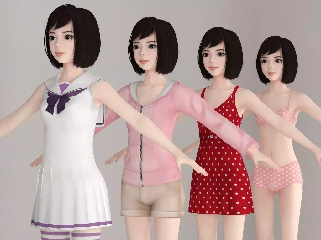  T pose nonrigged model of Harumi with various outfit  3D model_0