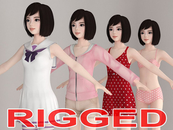 T pose rigged model of Harumi with various outfit 3D model