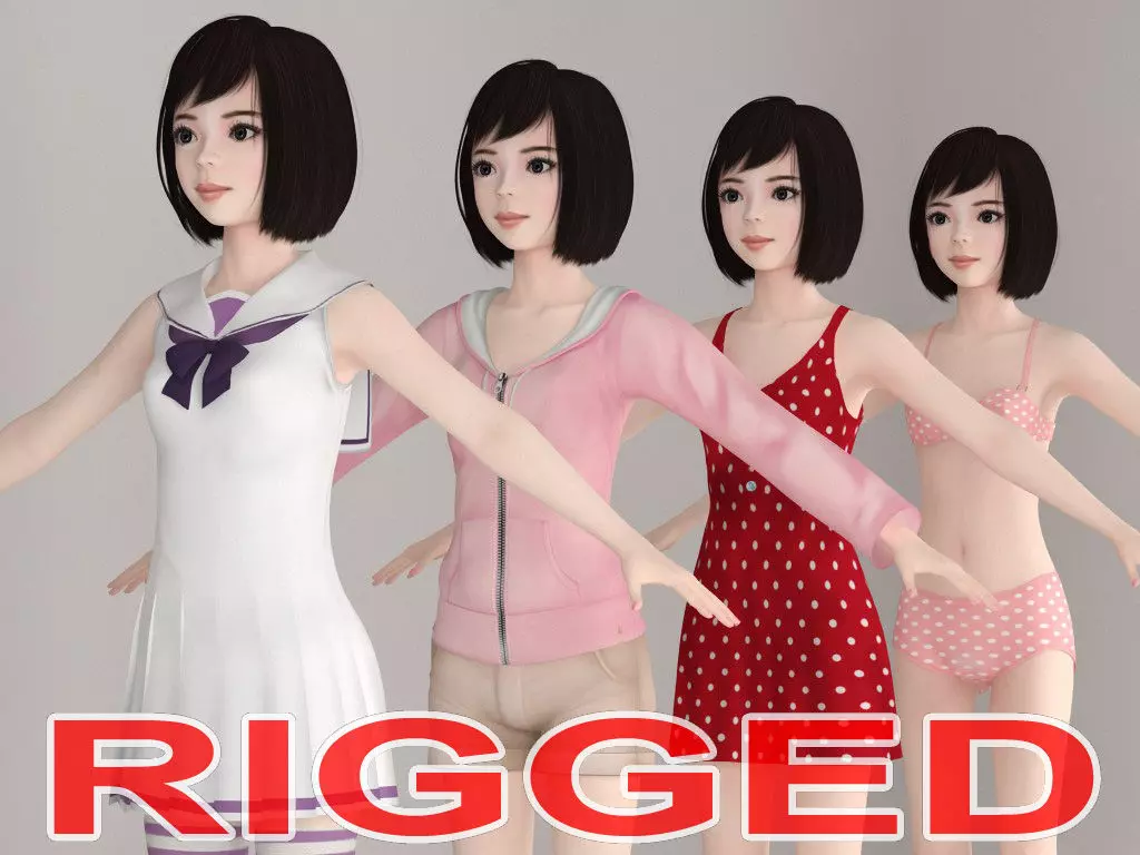 T pose rigged model of Harumi with various outfit 3D model_0