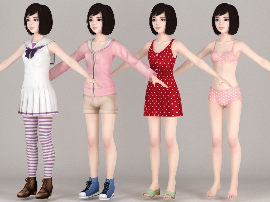 T pose rigged model of Harumi with various outfit 3D model_5
