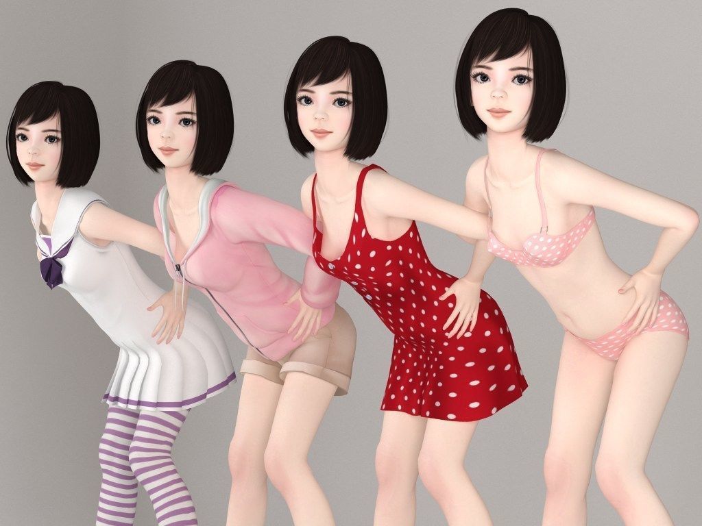 T pose rigged model of Harumi with various outfit 3D model_1
