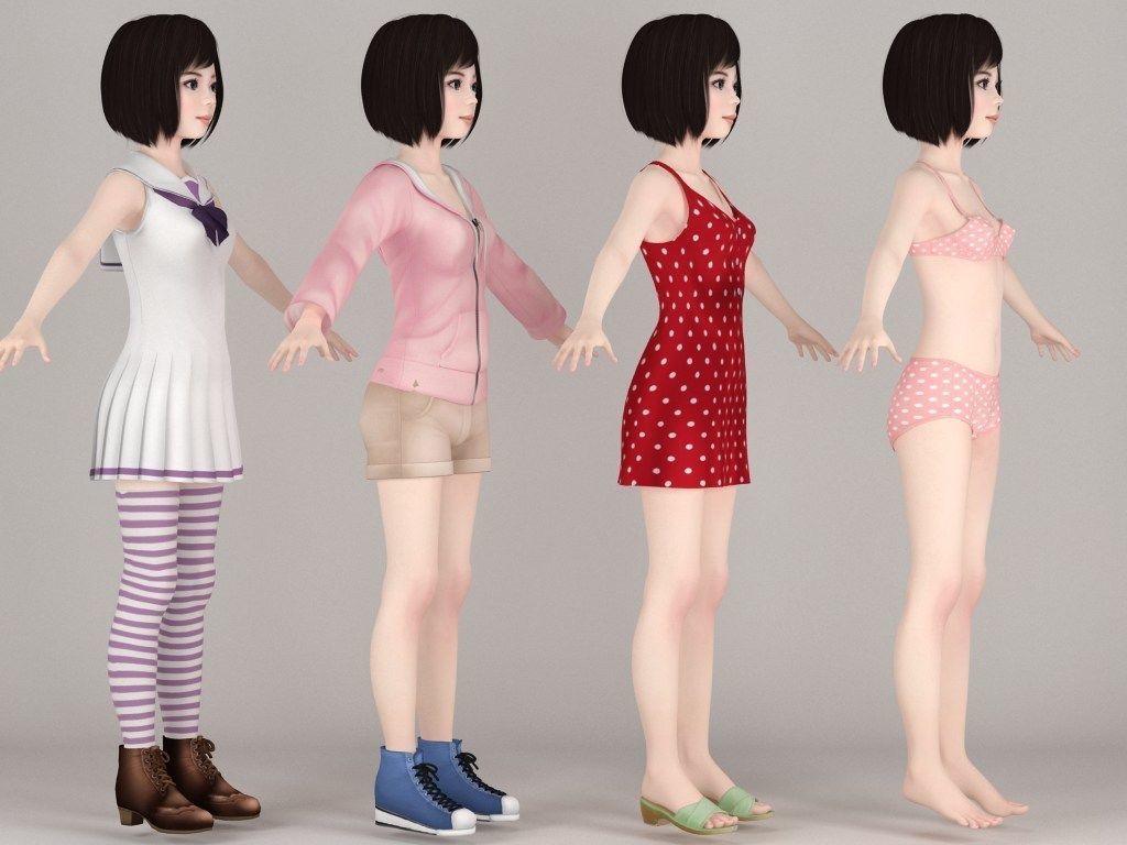 T pose rigged model of Harumi with various outfit 3D model_8