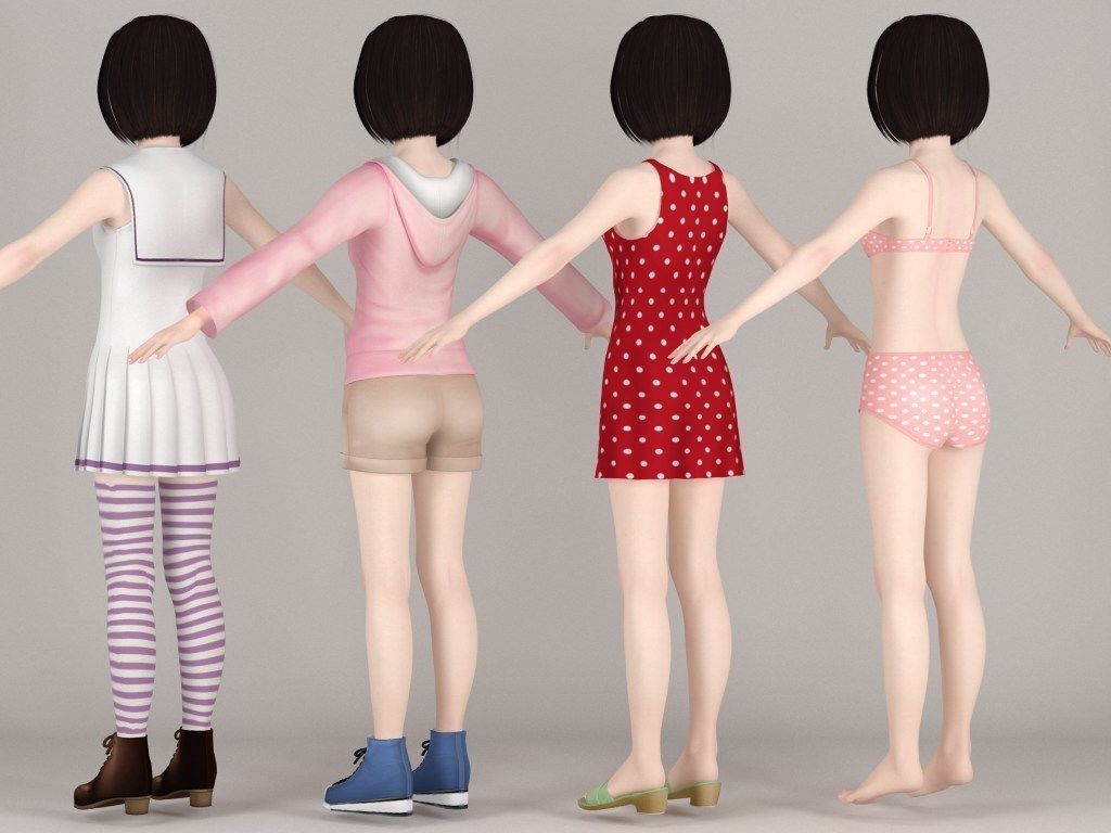 T pose rigged model of Harumi with various outfit 3D model_7