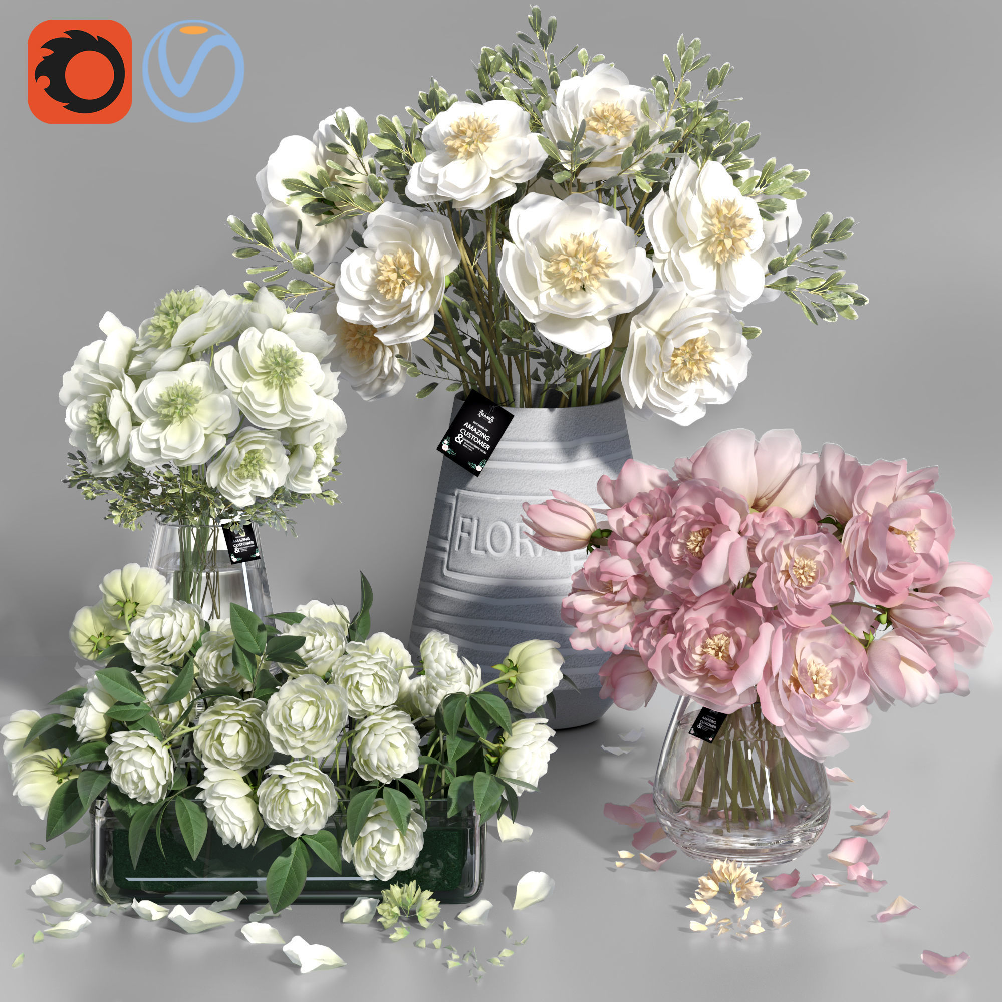 Realistic Natural Fresh Peonies in Different Vases 3D model_1