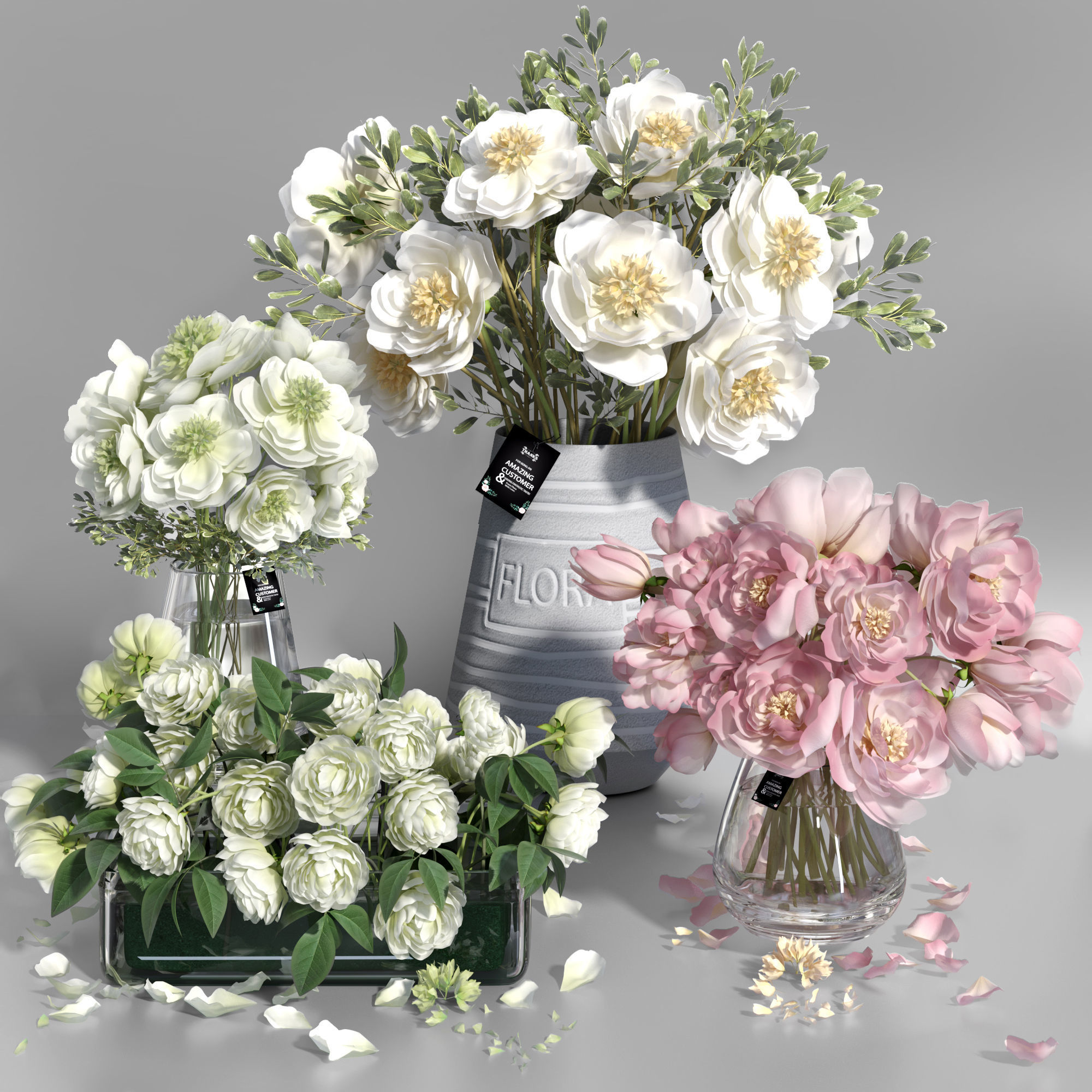 Realistic Natural Fresh Peonies in Different Vases 3D model_8