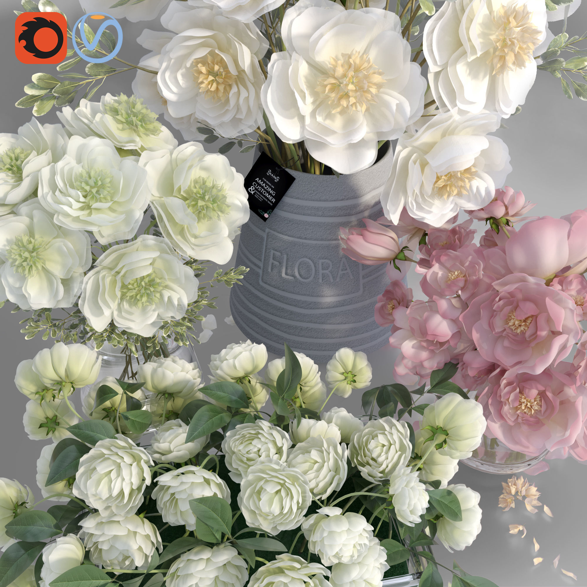 Realistic Natural Fresh Peonies in Different Vases 3D model_4