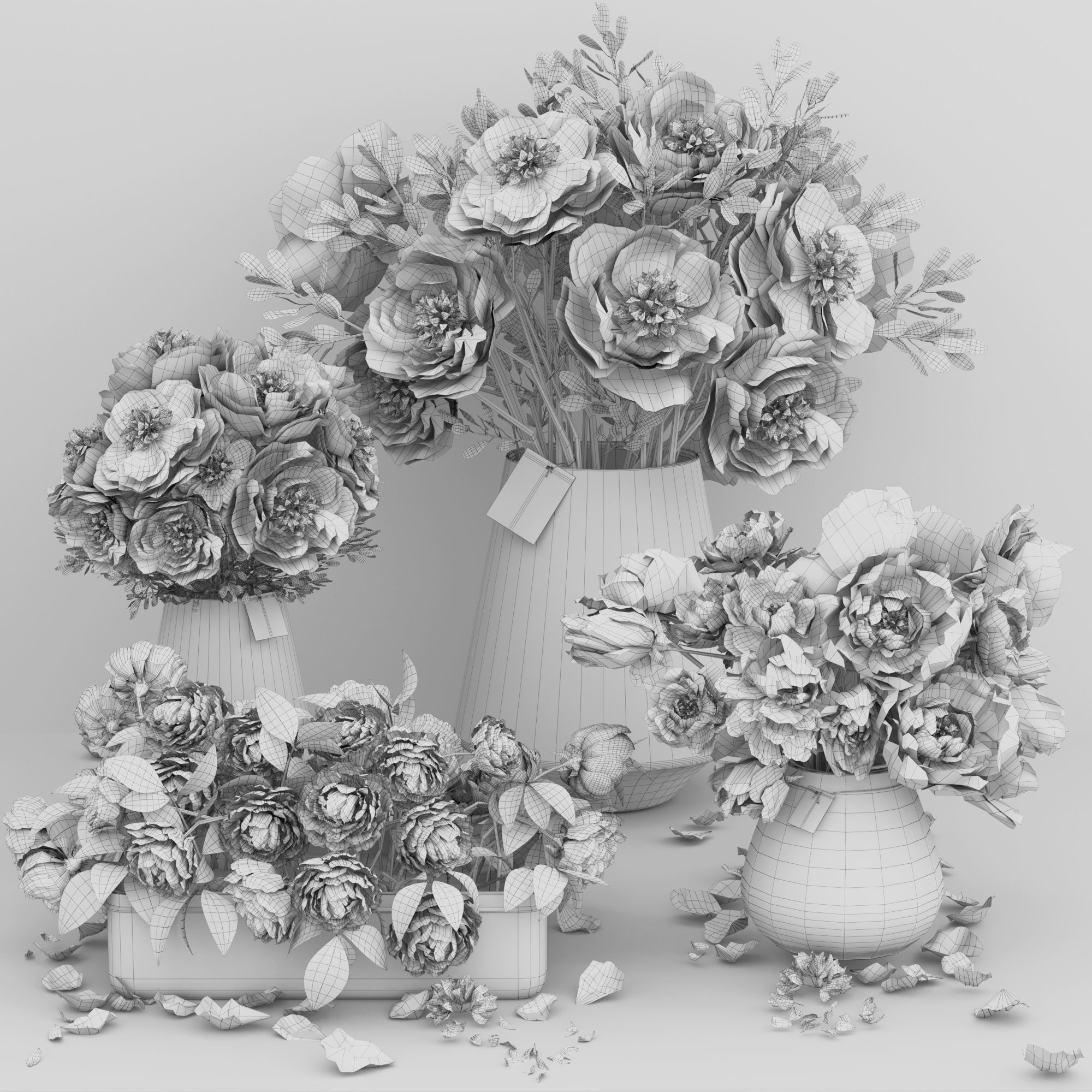 Realistic Natural Fresh Peonies in Different Vases 3D model_7