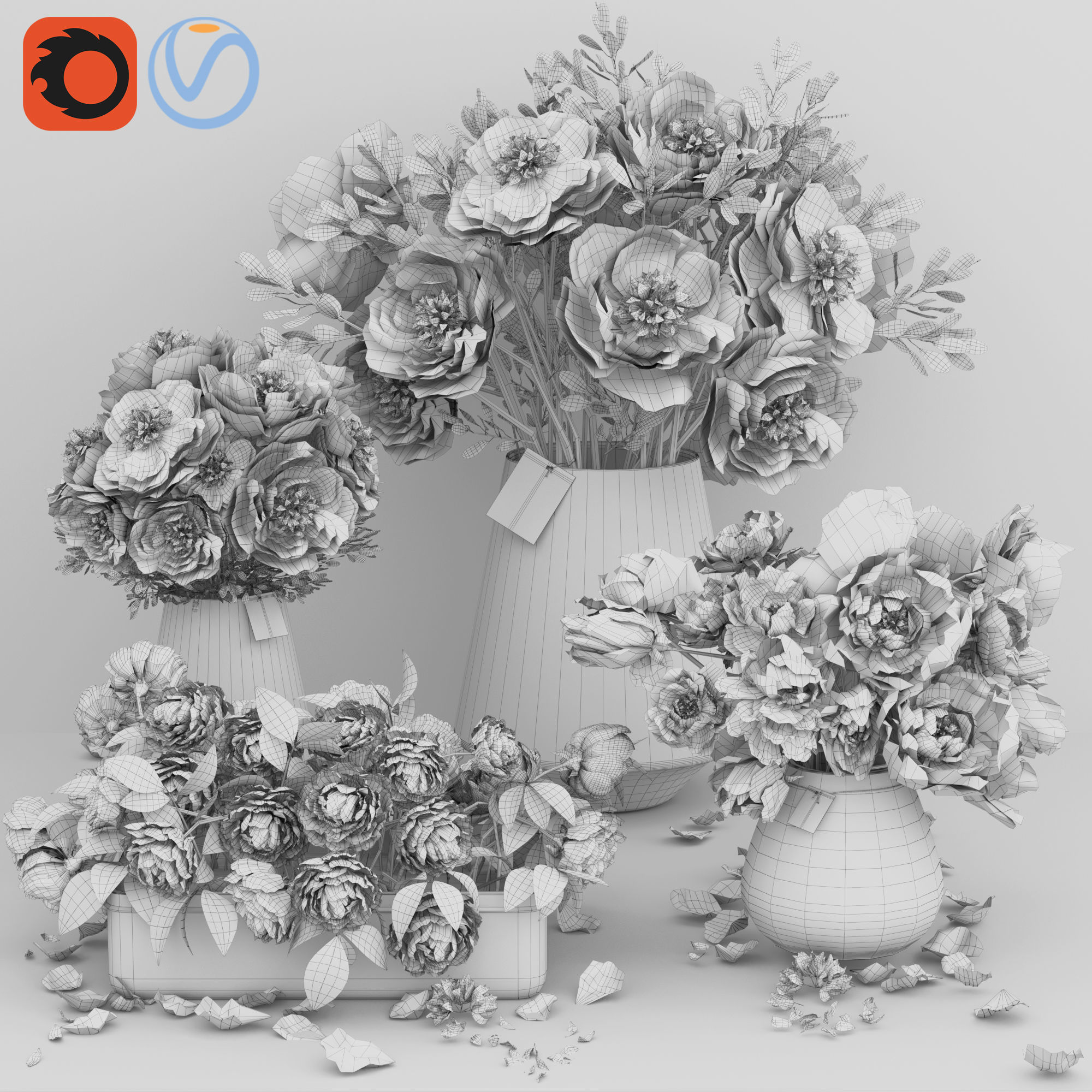 Realistic Natural Fresh Peonies in Different Vases 3D model_2