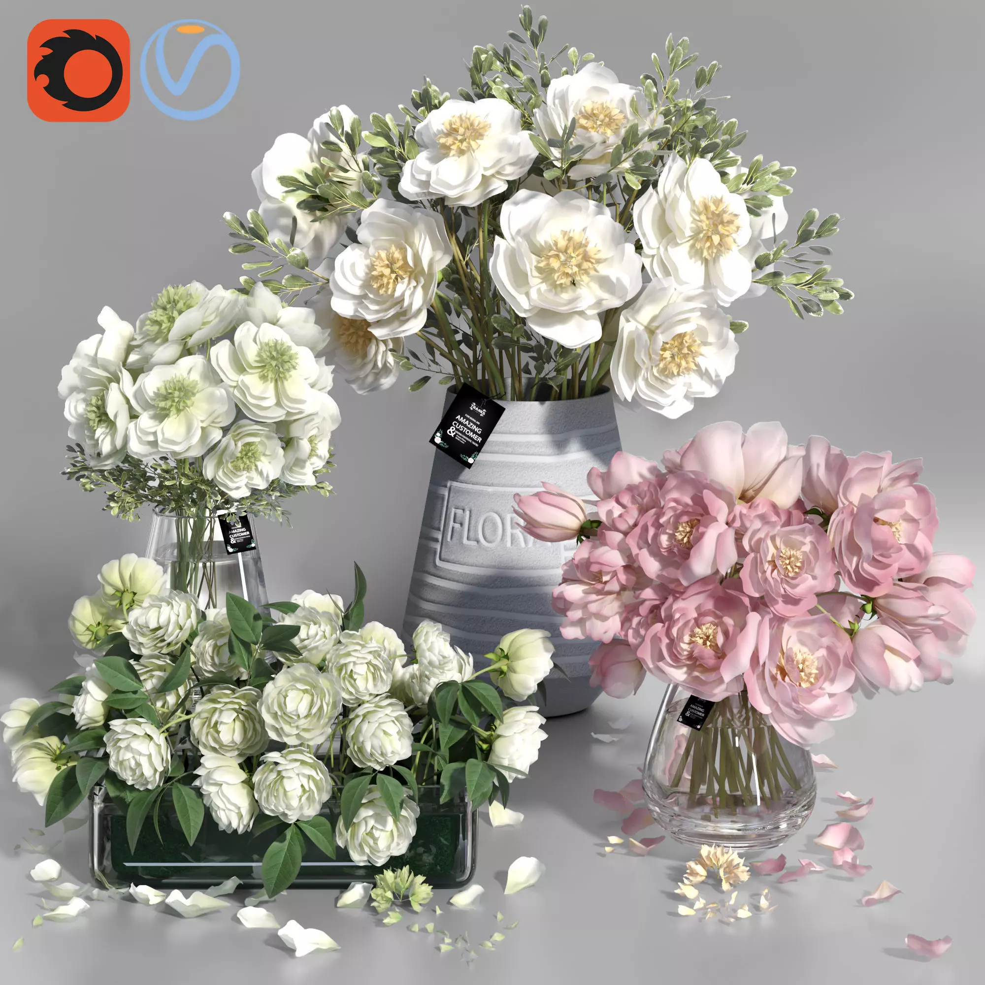 Realistic Natural Fresh Peonies in Different Vases 3D model_0