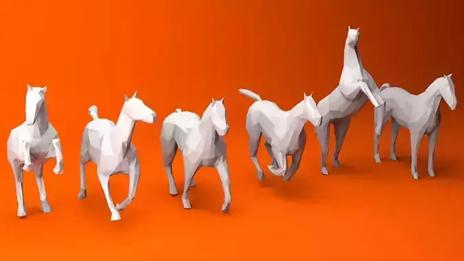 6 Lowpoly Horses group of running Low-poly 3D model