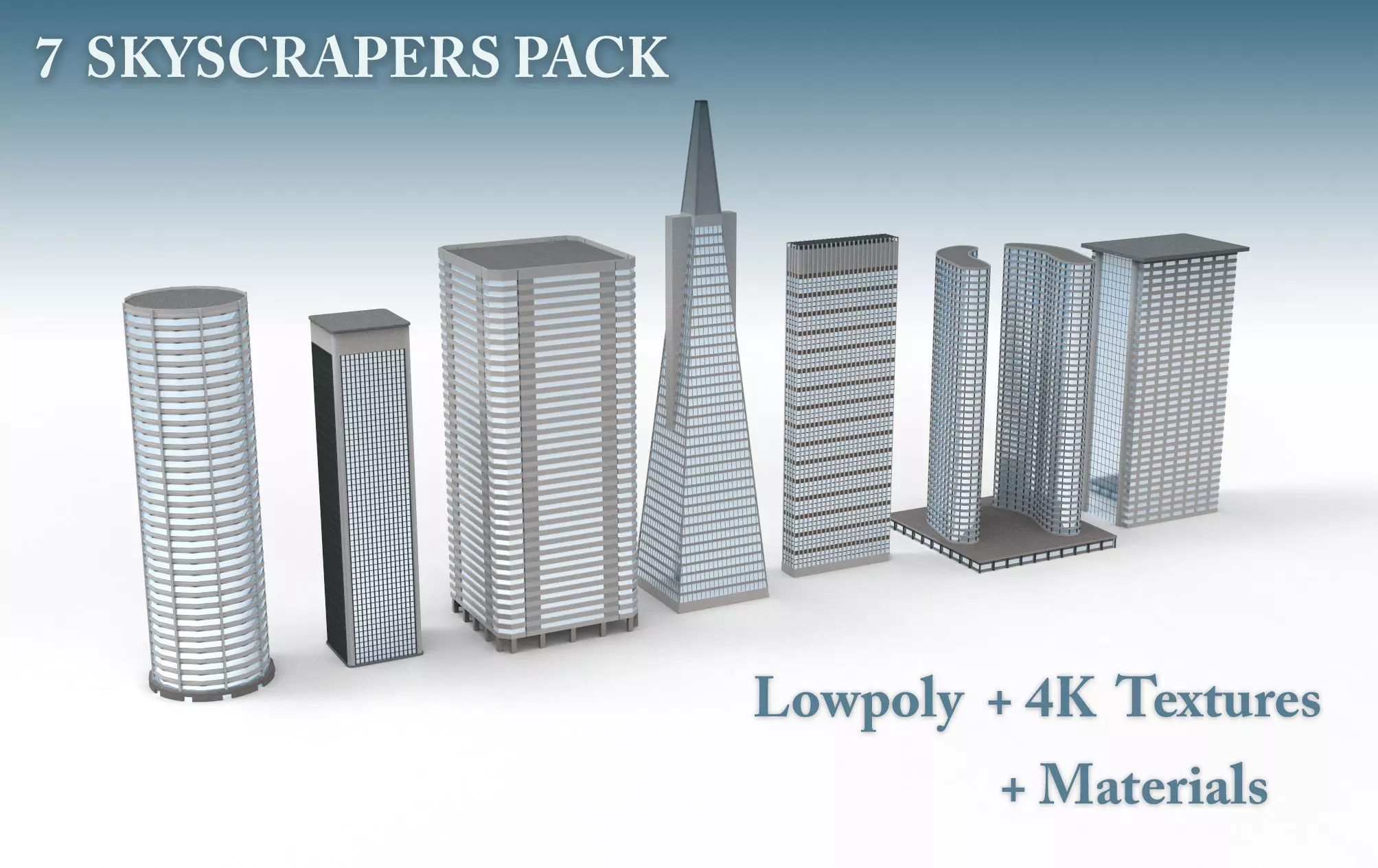 Skyscrapers Pack 7 modern commercial buildings 3D model_0