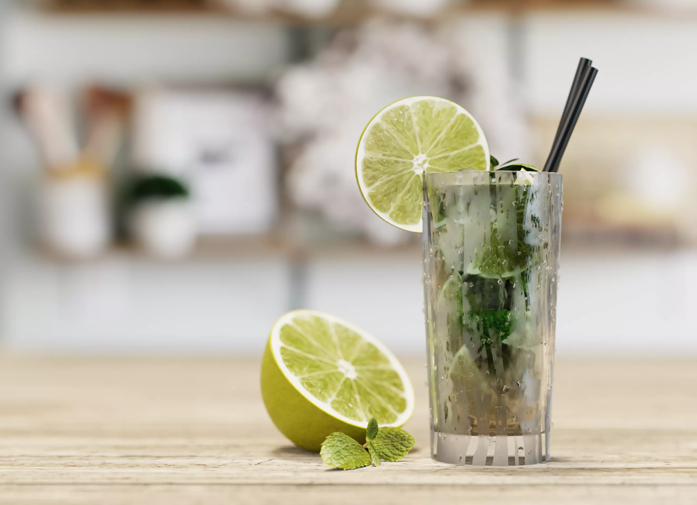 Mojito on wooden table 3D model_0
