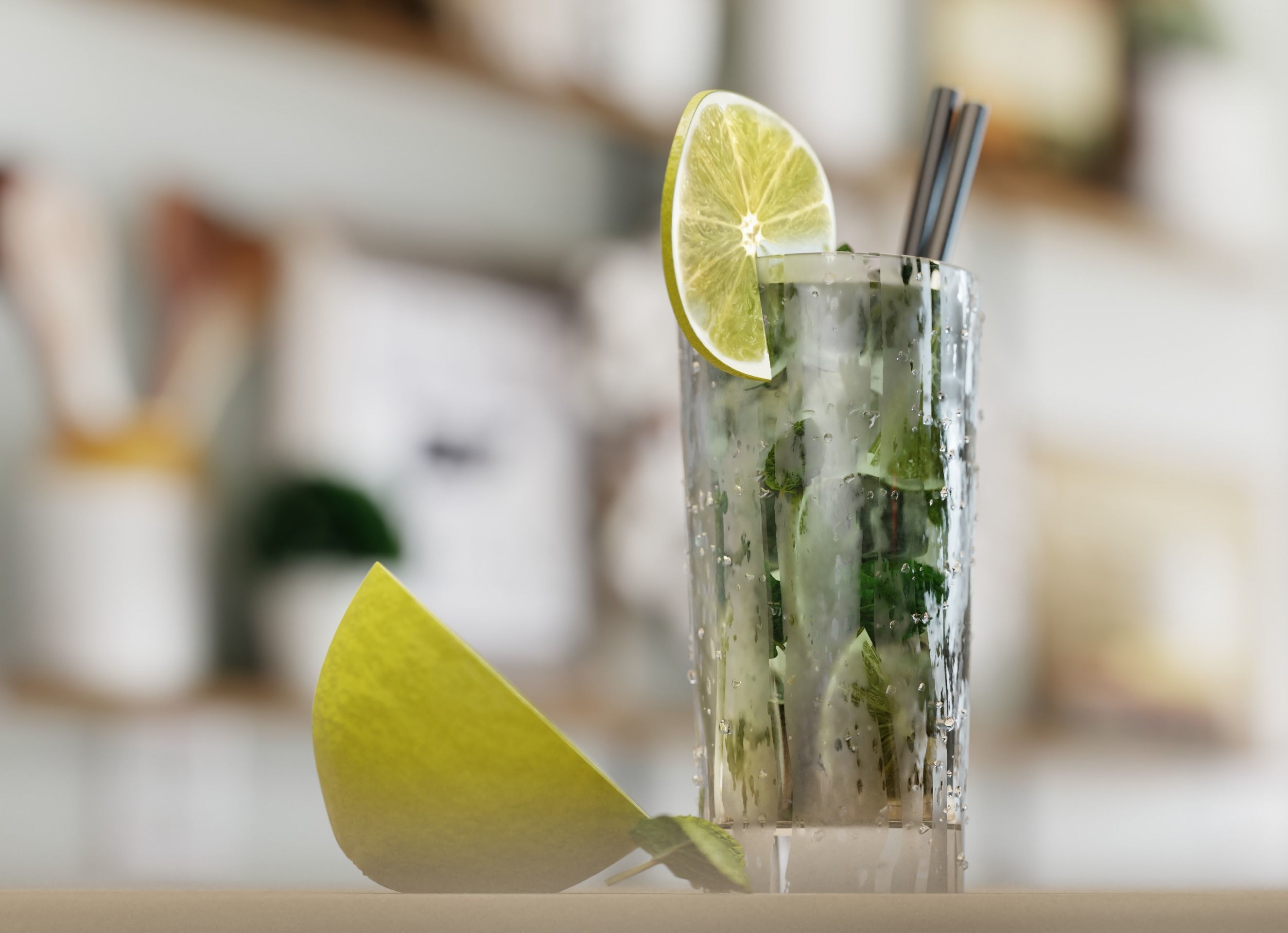 Mojito on wooden table 3D model_1