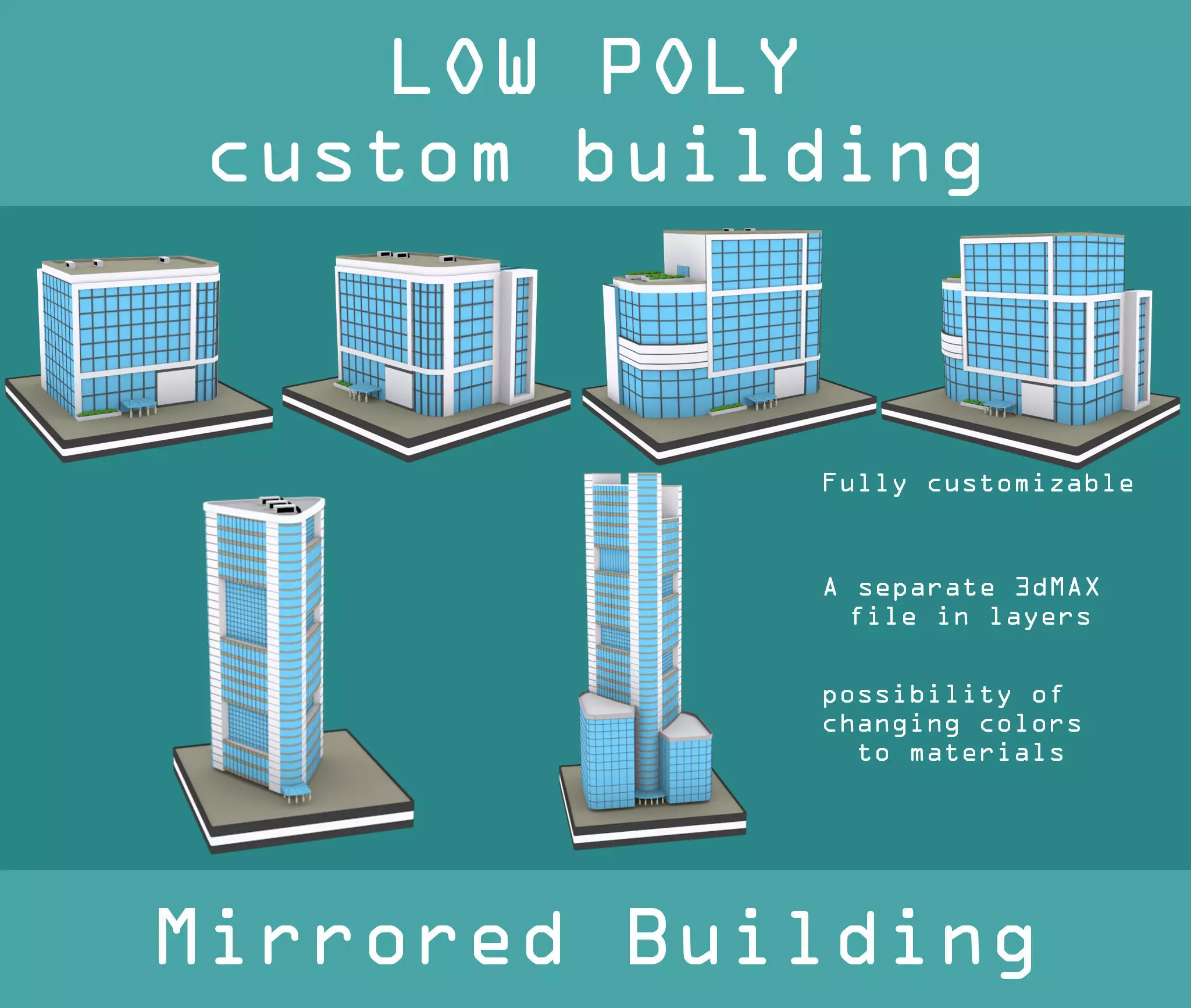 Mirrored building low poly pack Low-poly 3D model_0