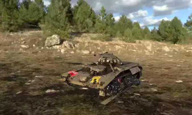 tank low poly in middle of field Low-poly 3D model