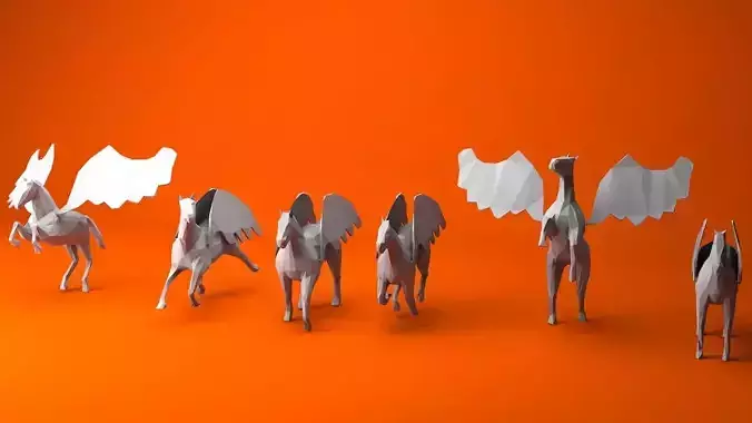 6 Lowpoly Pegasus group of paper horses with wings Low-poly 3D model