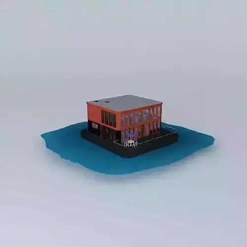 Houseboat orange building floating in water Free 3D model