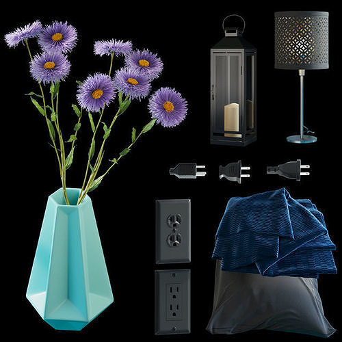 Asters -set vase with flowers and lamp 3D model