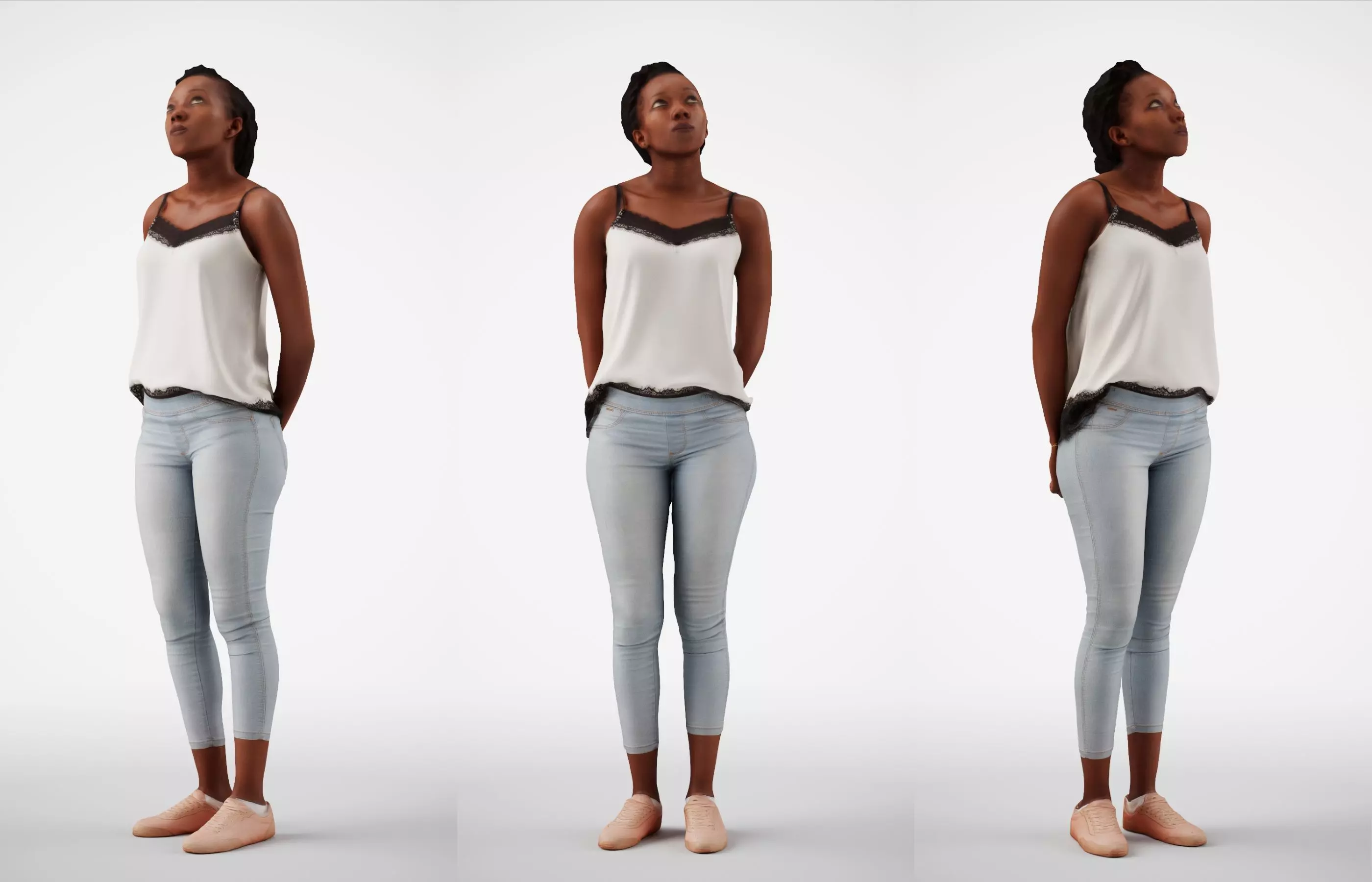 Caroline 06 Woman standing looking up in jeans 3D model