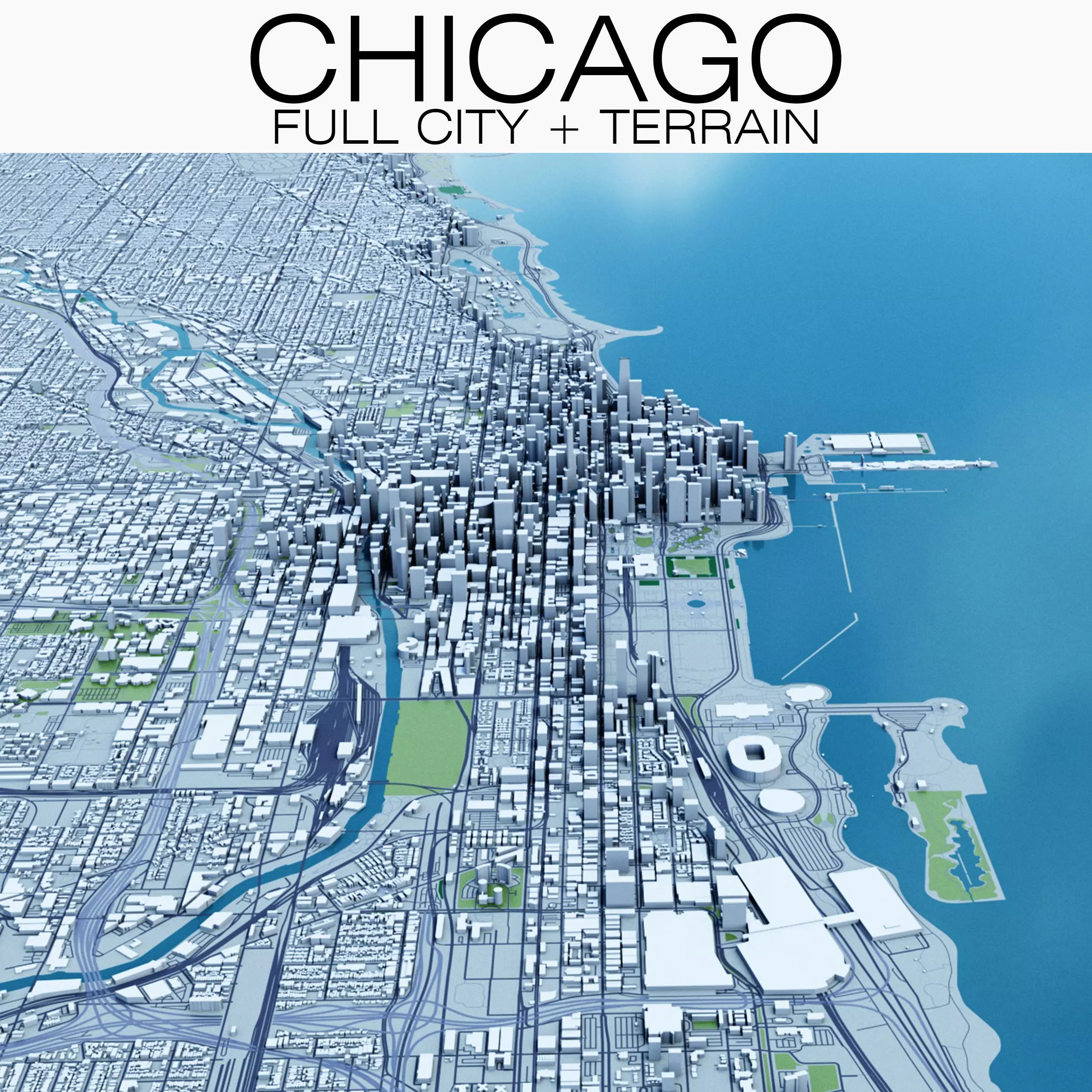 Chicago with Terrain 3D model_0