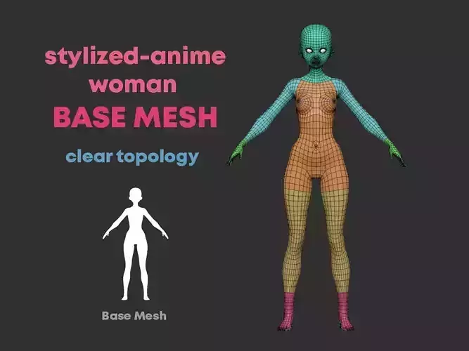 stylized anime woman base mesh Low-poly 3D model