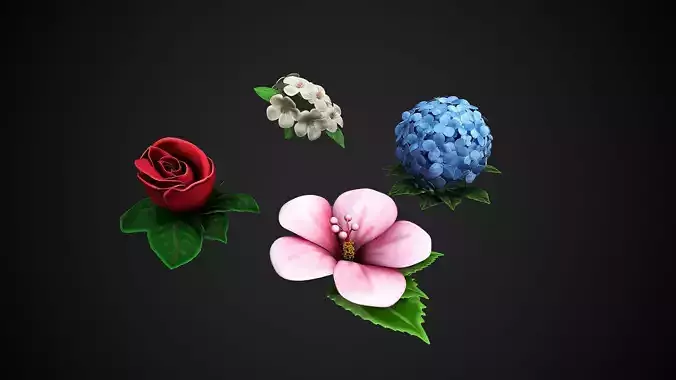 4 Flowers Collection - Rose Jasmin Hortensia Hibiscus 3D model