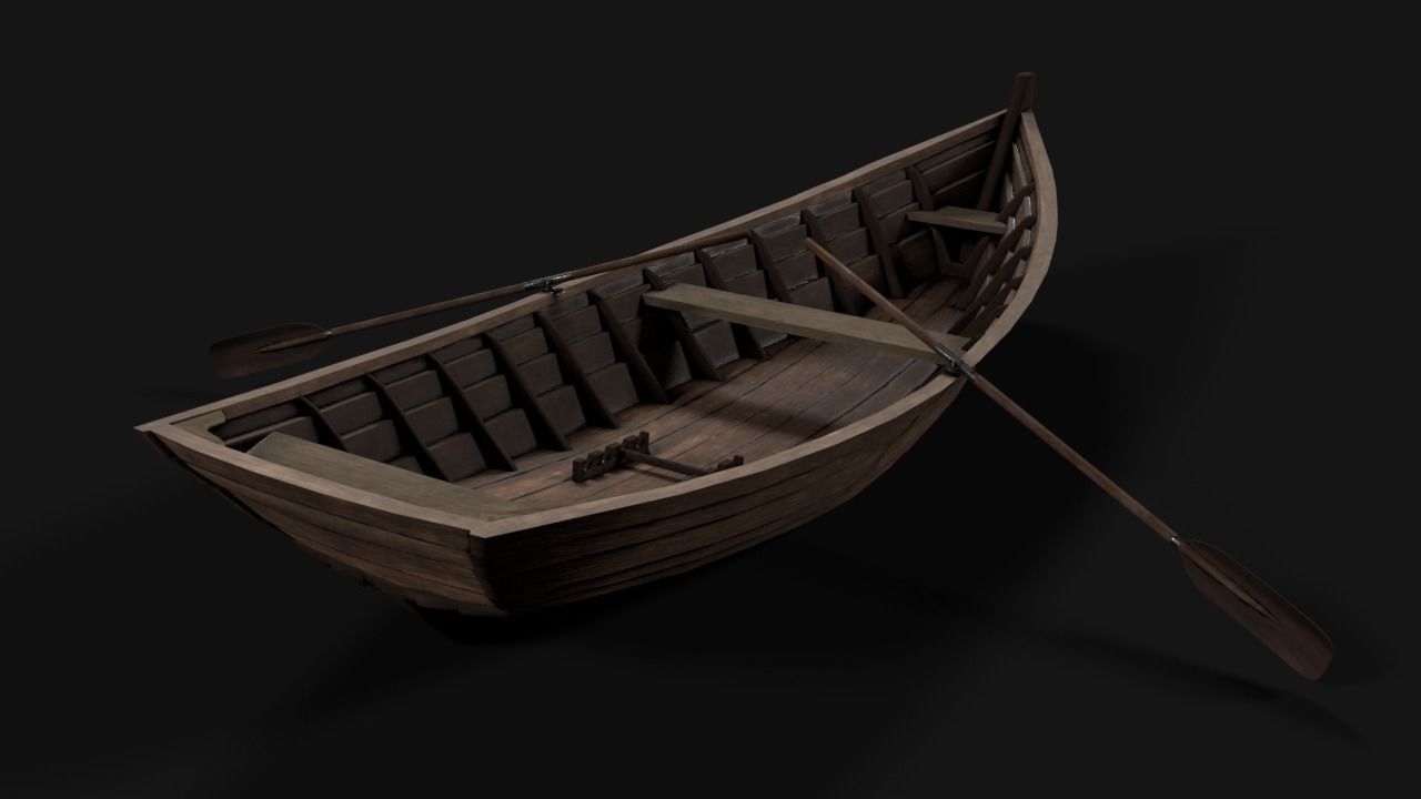 wooden boat with oars Low-poly 3D model_2